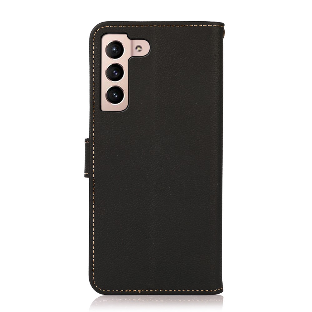 KHAZNEH Genuine Leather Phone Guard Wallet Stand Case with RFID Blocking Anti-theft Swiping Design for Samsung Galaxy S22 - Black-3
