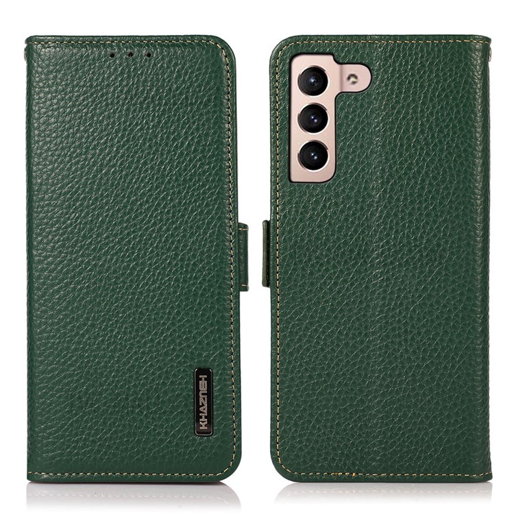 KHAZNEH Drop-proof RFID Blocking Anti-theft Swiping Litchi Texture Wallet Stand Shell Genuine Leather Phone Case for Samsung Galaxy S22 - Green-1