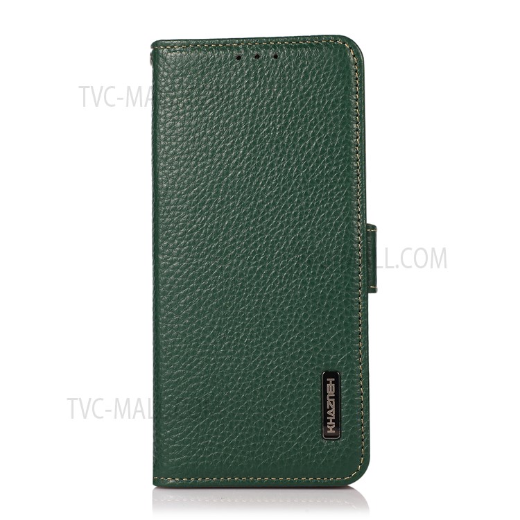 KHAZNEH Drop-proof RFID Blocking Anti-theft Swiping Litchi Texture Wallet Stand Shell Genuine Leather Phone Case for Samsung Galaxy S22 - Green-2