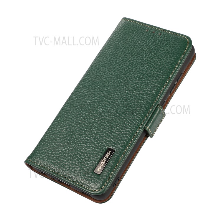 KHAZNEH Drop-proof RFID Blocking Anti-theft Swiping Litchi Texture Wallet Stand Shell Genuine Leather Phone Case for Samsung Galaxy S22 - Green-8