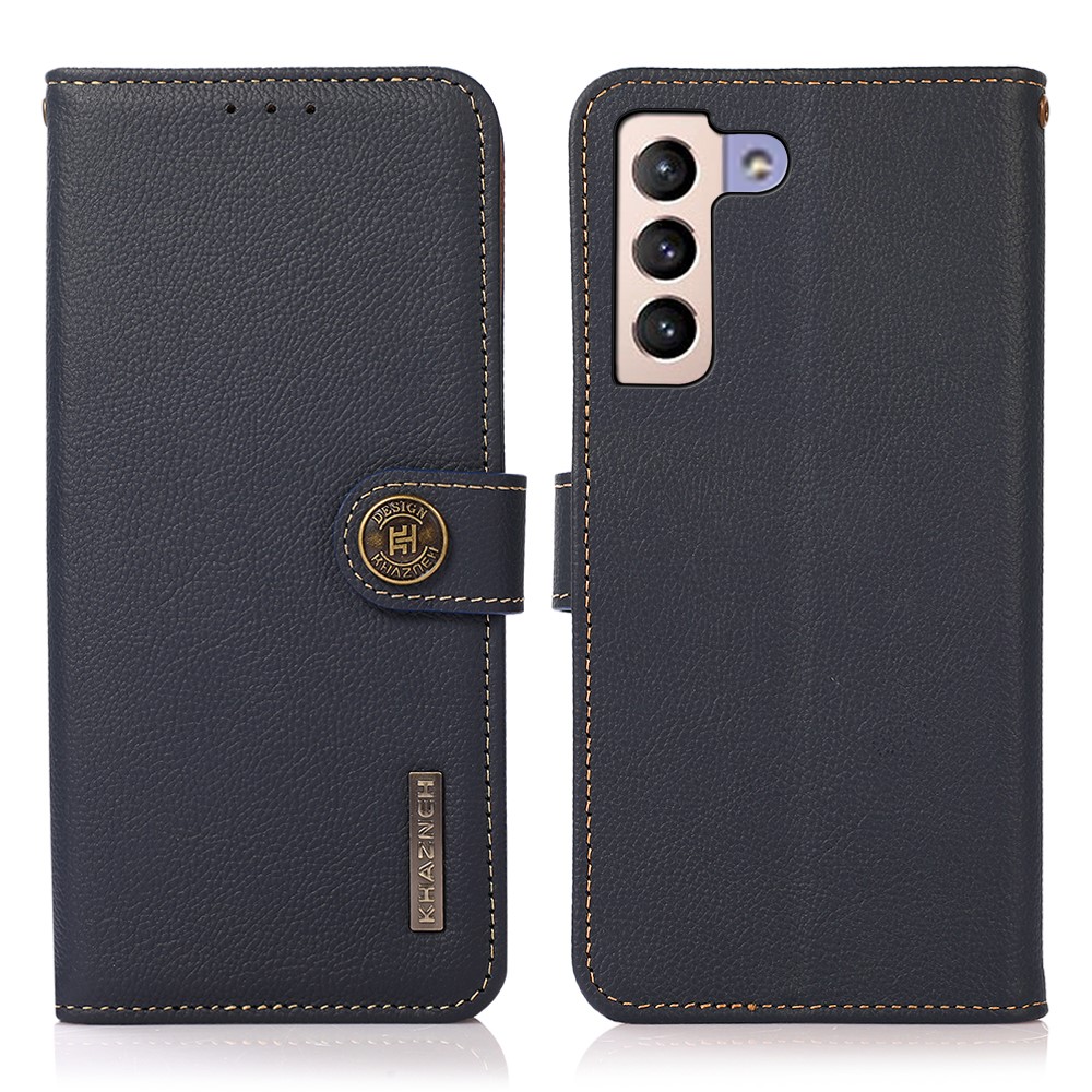 KHAZNEH RFID Blocking Anti-theft Swiping Design Drop-resistant Genuine Leather Phone Wallet Stand Case for Samsung Galaxy S22 Plus - Blue-1