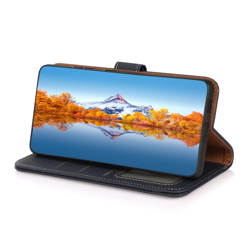 KHAZNEH RFID Blocking Anti-theft Swiping Design Drop-resistant Genuine Leather Phone Wallet Stand Case for Samsung Galaxy S22 Plus - Blue-5