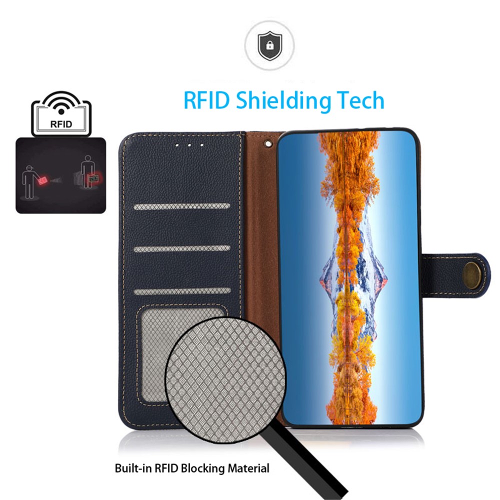 KHAZNEH RFID Blocking Anti-theft Swiping Design Drop-resistant Genuine Leather Phone Wallet Stand Case for Samsung Galaxy S22 Plus - Blue-7