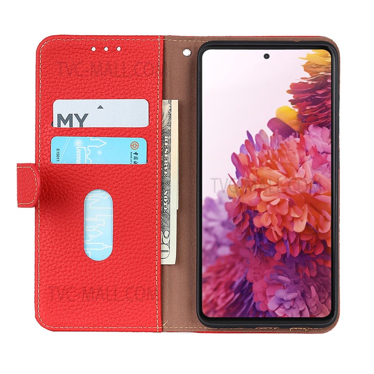 KHAZNEH for Samsung Galaxy S22 Plus Top Layer Genuine Leather Wallet Phone Case Litchi Texture Magnetic Closure Cover - Red-4