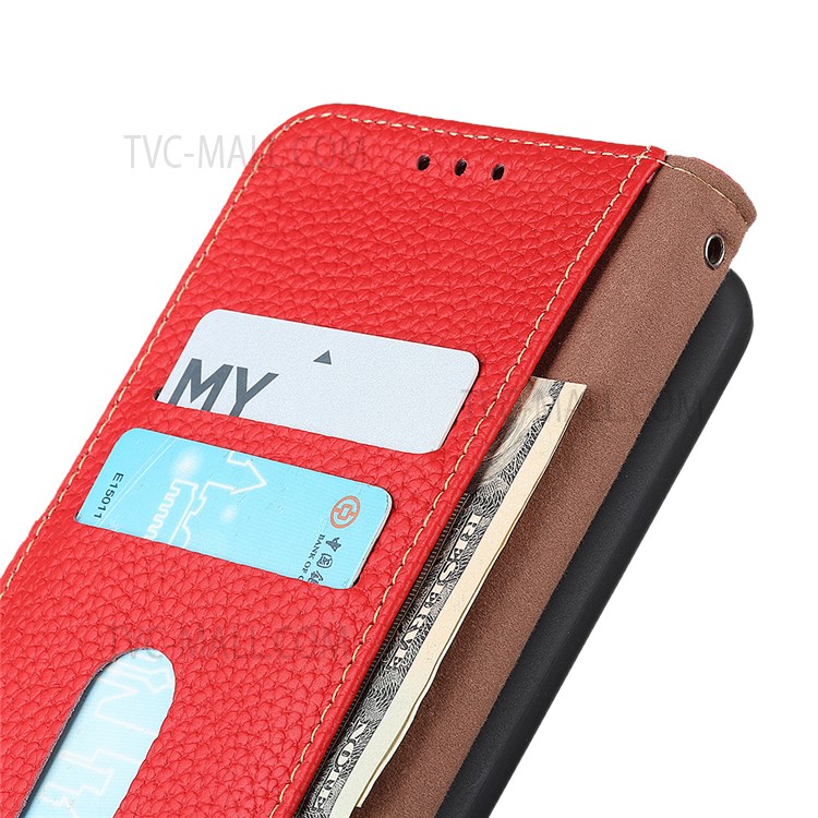 KHAZNEH for Samsung Galaxy S22 Plus Top Layer Genuine Leather Wallet Phone Case Litchi Texture Magnetic Closure Cover - Red-6