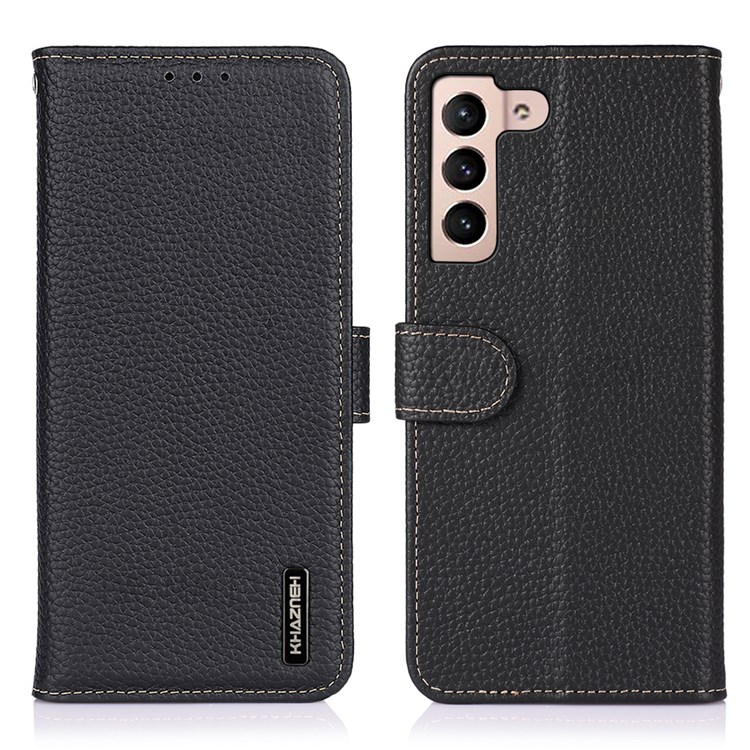 KHAZNEH Litchi Texture Top Layer Genuine Leather Wallet Phone Case Overall Protection Magnetic Closure Cover for Samsung Galaxy S22 - Black-1
