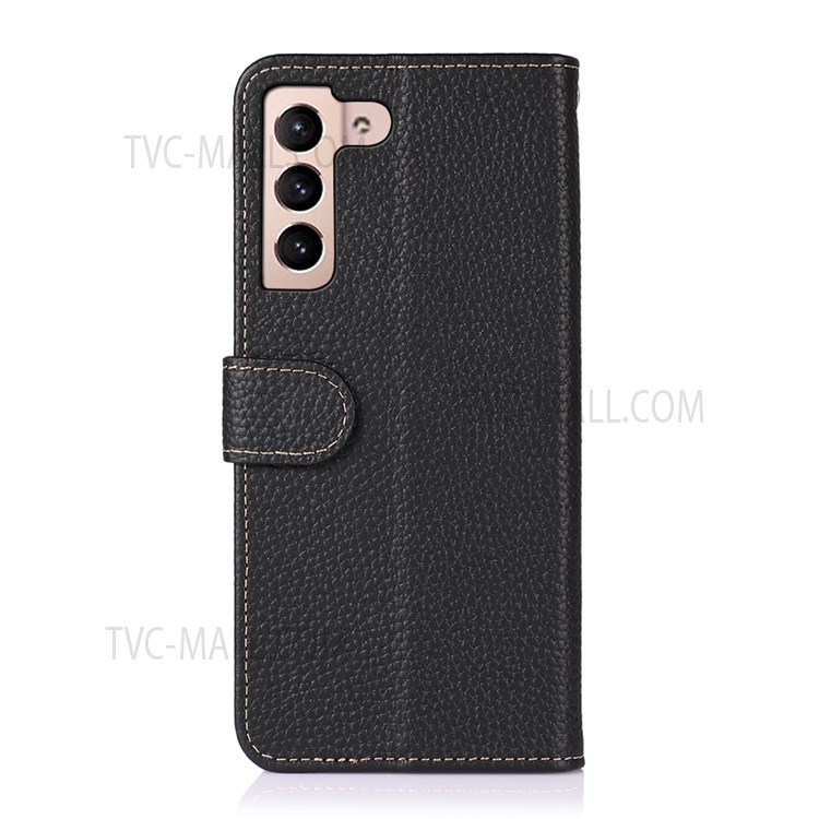 KHAZNEH Litchi Texture Top Layer Genuine Leather Wallet Phone Case Overall Protection Magnetic Closure Cover for Samsung Galaxy S22 - Black-3
