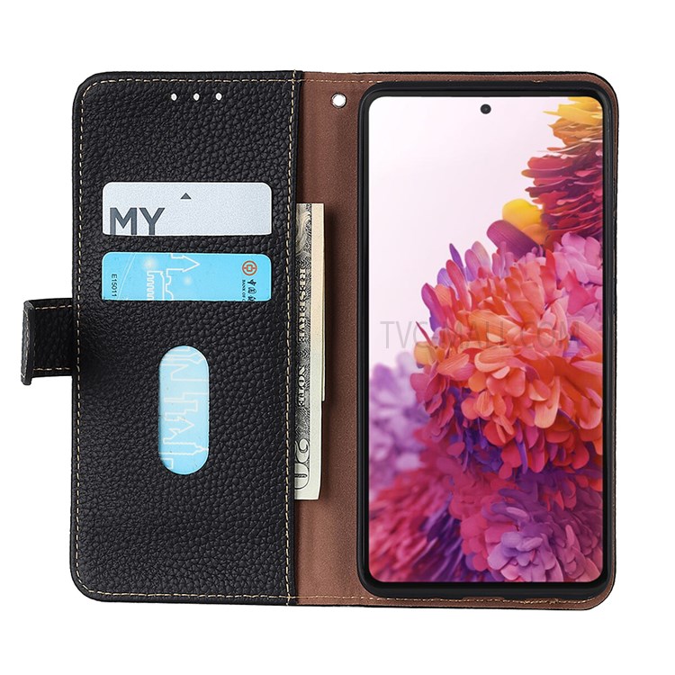 KHAZNEH Litchi Texture Top Layer Genuine Leather Wallet Phone Case Overall Protection Magnetic Closure Cover for Samsung Galaxy S22 - Black-4