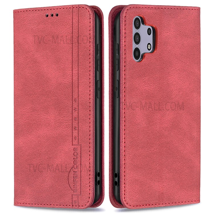 BINFEN COLOR Magnetic Design Scratch Resistant Anti-swiping Design PU Leather Phone Case Stand Cover for Samsung Galaxy A32 4G (EU Version) - Red-1
