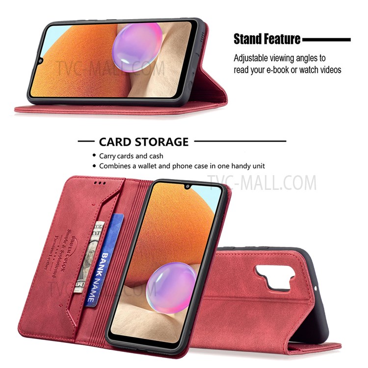 BINFEN COLOR Magnetic Design Scratch Resistant Anti-swiping Design PU Leather Phone Case Stand Cover for Samsung Galaxy A32 4G (EU Version) - Red-2