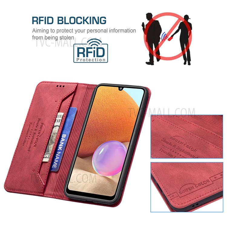 BINFEN COLOR Magnetic Design Scratch Resistant Anti-swiping Design PU Leather Phone Case Stand Cover for Samsung Galaxy A32 4G (EU Version) - Red-3