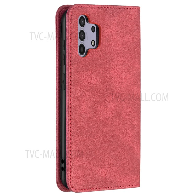 BINFEN COLOR Magnetic Design Scratch Resistant Anti-swiping Design PU Leather Phone Case Stand Cover for Samsung Galaxy A32 4G (EU Version) - Red-9