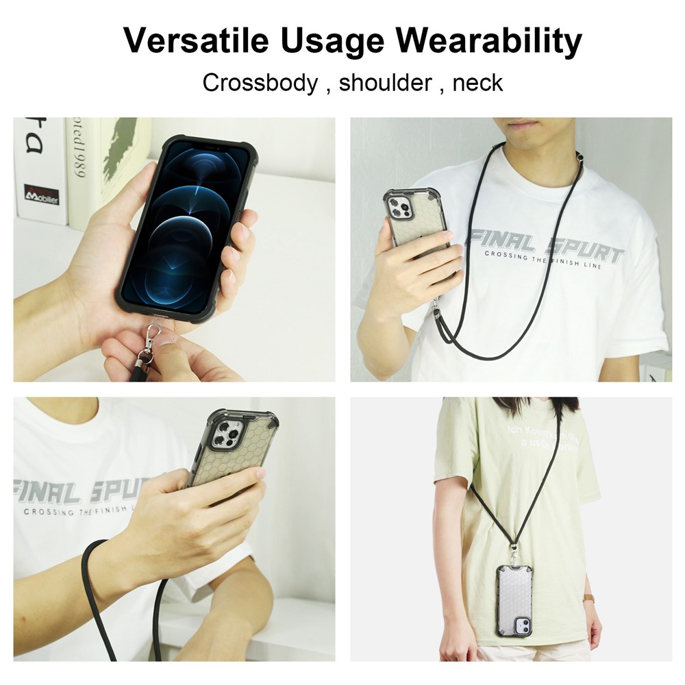 Colorful Adjustable Lanyard + Anti-Collision Honeycomb Design Shock-Absorbed Phone Case for Samsung Galaxy A72 4G/5G - Black-4