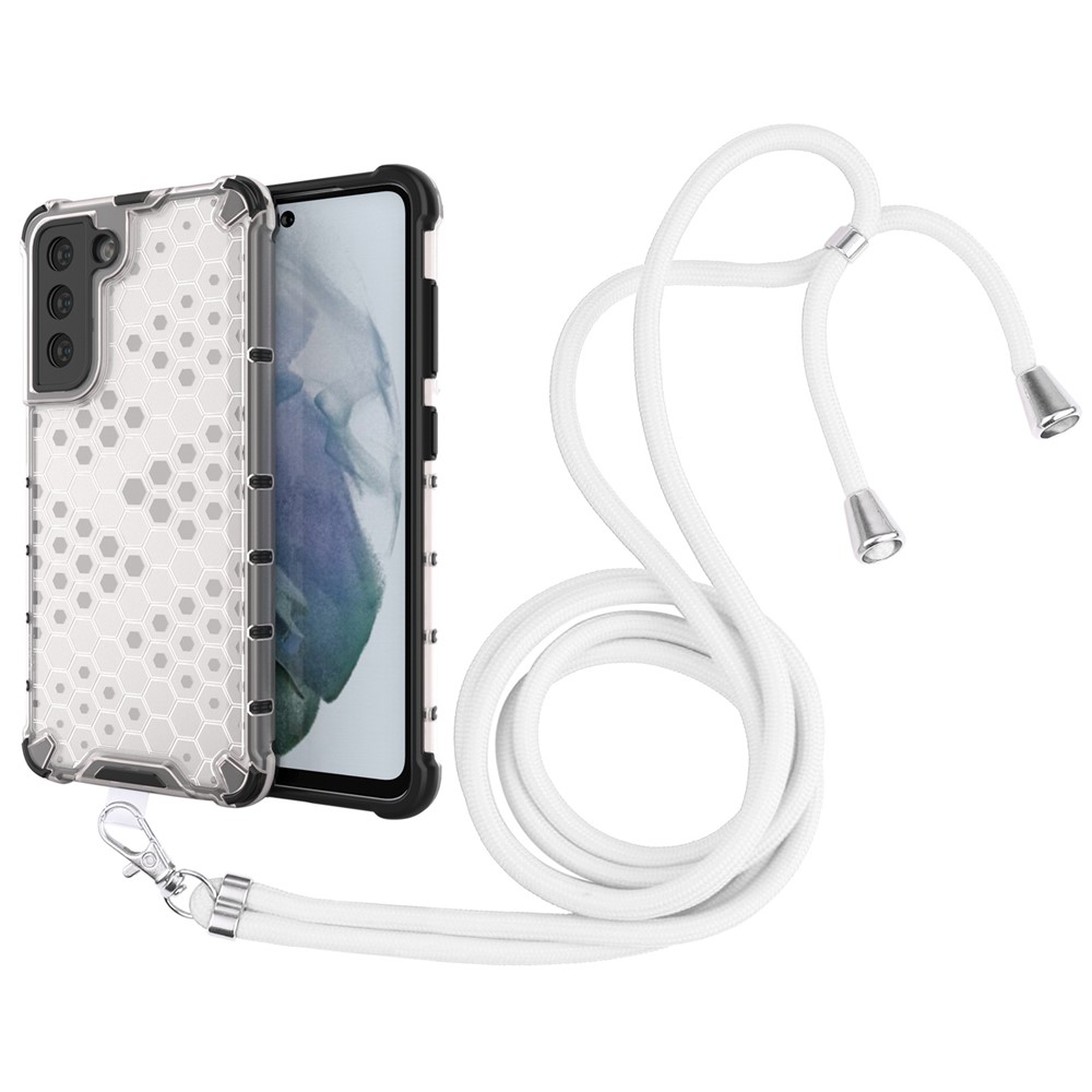 Multi-Color Honeycomb Design Shock-Absorbed Phone Case with Adjustable Lanyard for Samsung Galaxy S21 FE 5G/S21 Fan Edition - White-1