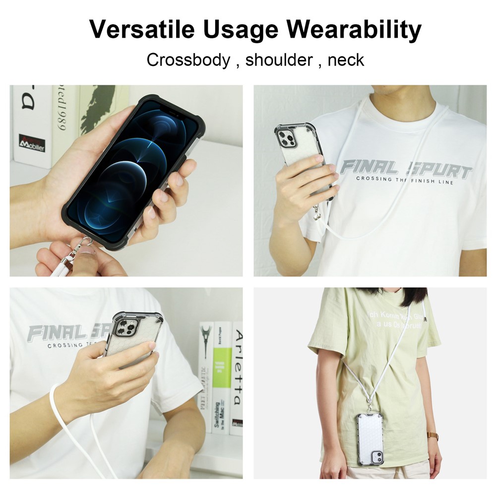 Multi-Color Honeycomb Design Shock-Absorbed Phone Case with Adjustable Lanyard for Samsung Galaxy S21 FE 5G/S21 Fan Edition - White-4
