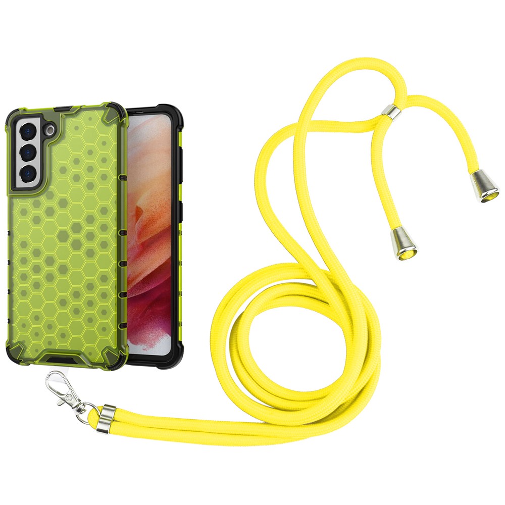 Four Corners Heighten and Thickened Honeycomb Design Phone Case with Adjustable Lanyard for Samsung Galaxy S21 5G - Yellow-1