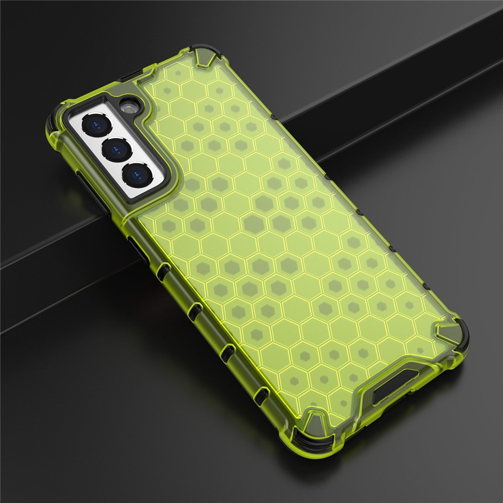 Four Corners Heighten and Thickened Honeycomb Design Phone Case with Adjustable Lanyard for Samsung Galaxy S21 5G - Yellow-5