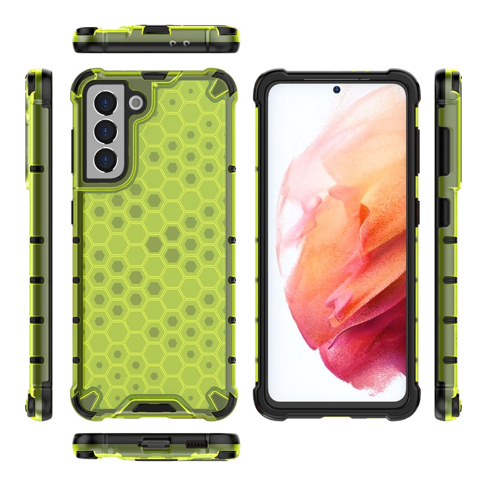 Four Corners Heighten and Thickened Honeycomb Design Phone Case with Adjustable Lanyard for Samsung Galaxy S21 5G - Yellow-7