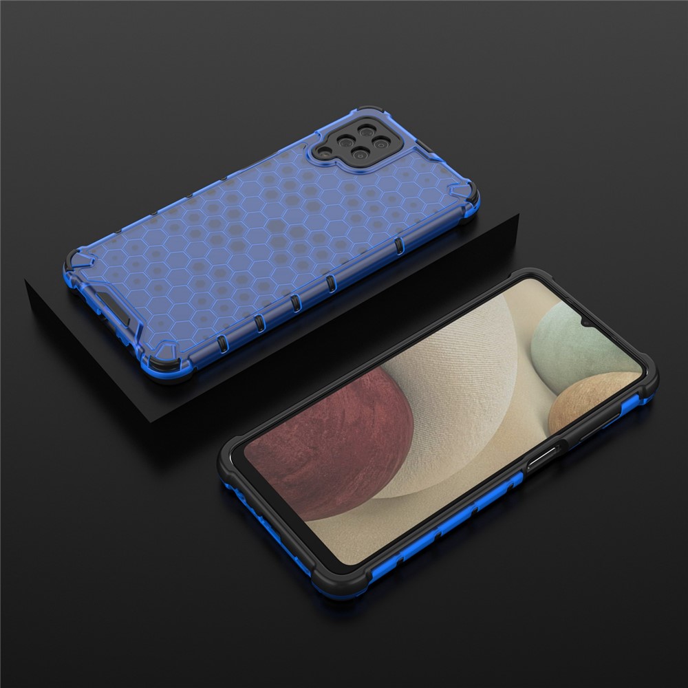 For Samsung Galaxy A12 Shockproof Hard PC+TPU Honeycomb Design Shock-Absorbed Phone Case with Hanging String - Blue-6