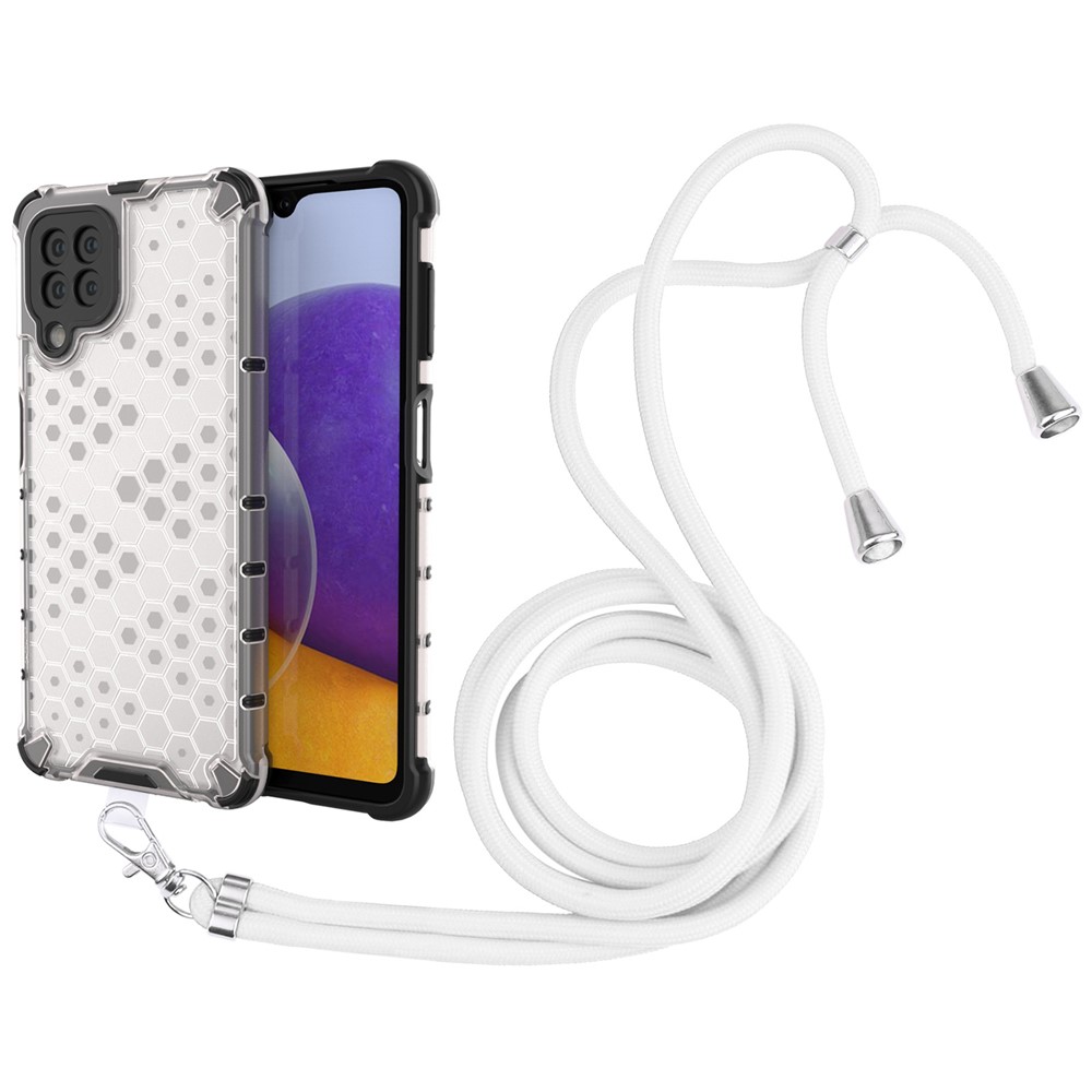 Honeycomb Design Drop-Resistant Phone Case with Adjustable Lanyard for Galaxy A22 4G (EU Version) - White-1