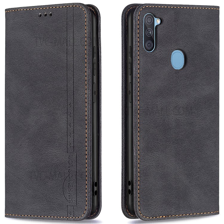 BINFEN COLOR For Samsung Galaxy M11/A11 Scratch Resistant RFID Blocking Design Quality PU Leather Phone Case Stand Cover - Black-1