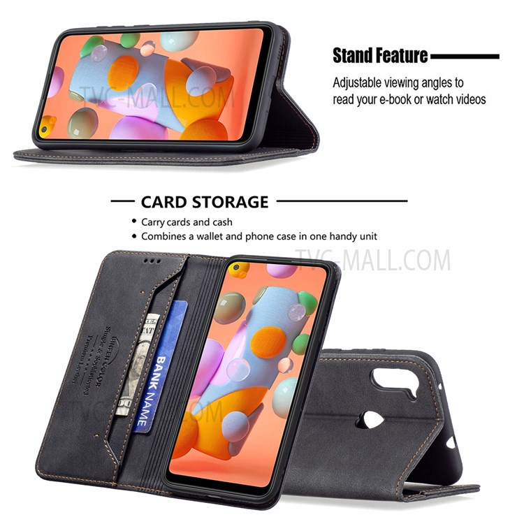 BINFEN COLOR For Samsung Galaxy M11/A11 Scratch Resistant RFID Blocking Design Quality PU Leather Phone Case Stand Cover - Black-2