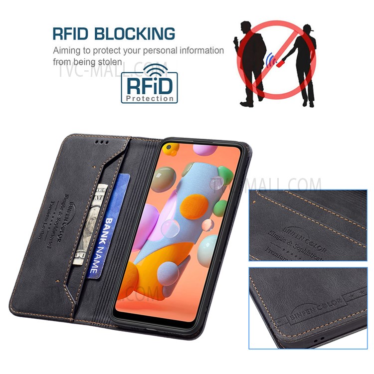 BINFEN COLOR For Samsung Galaxy M11/A11 Scratch Resistant RFID Blocking Design Quality PU Leather Phone Case Stand Cover - Black-3