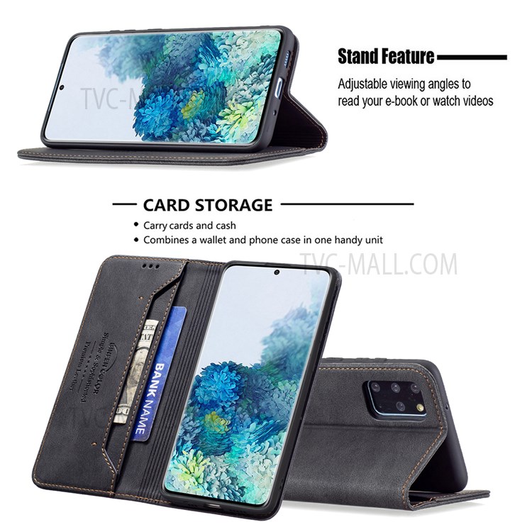 BINFEN COLOR Scratch Resistant Anti-swiping Design PU Leather Phone Case Stand Cover for Samsung Galaxy S20 Plus - Black-2