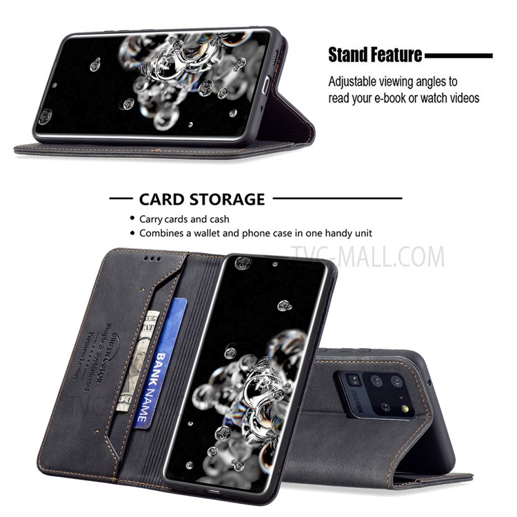 BINFEN COLOR Shockproof Scratch Resistant RFID Blocking Design Quality PU Leather Phone Case Stand Cover for Samsung Galaxy S20 Ultra - Black-2
