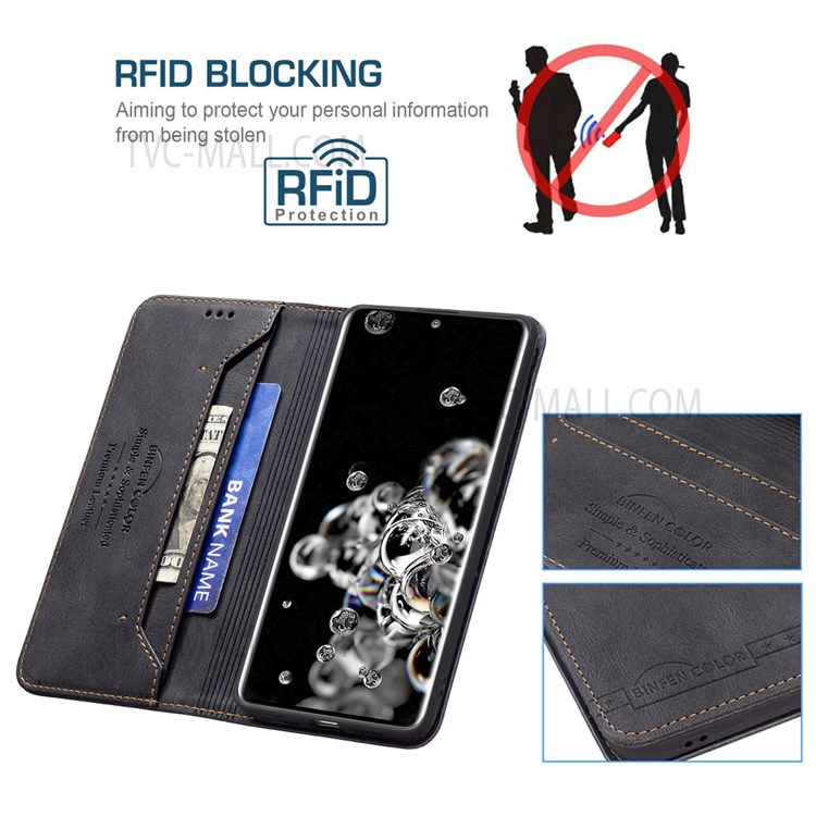 BINFEN COLOR Shockproof Scratch Resistant RFID Blocking Design Quality PU Leather Phone Case Stand Cover for Samsung Galaxy S20 Ultra - Black-3