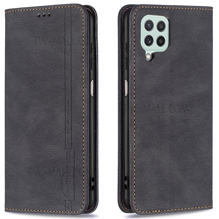 BINFEN COLOR Scratch Resistant RFID Blocking Design Quality PU Leather Phone Case Stand Cover for Samsung Galaxy A22 4G (EU Version) - Black-1