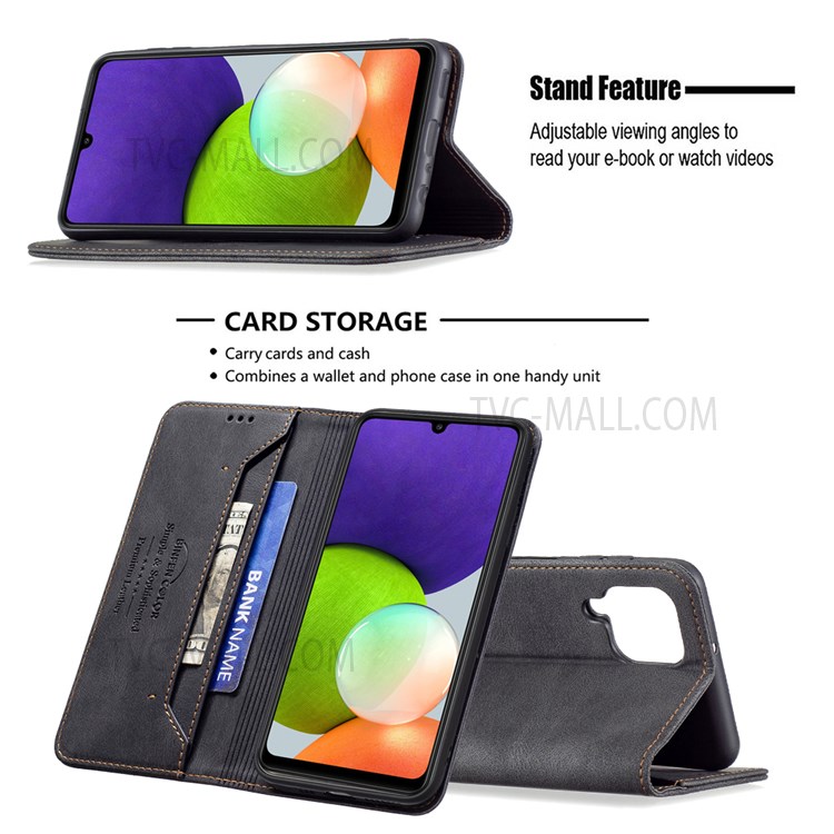 BINFEN COLOR Scratch Resistant RFID Blocking Design Quality PU Leather Phone Case Stand Cover for Samsung Galaxy A22 4G (EU Version) - Black-2