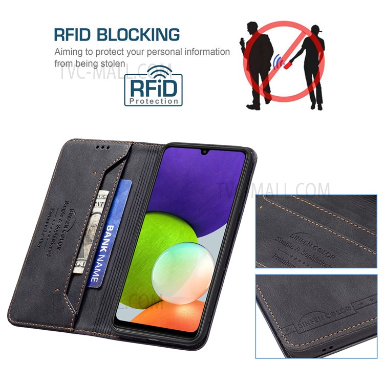 BINFEN COLOR Scratch Resistant RFID Blocking Design Quality PU Leather Phone Case Stand Cover for Samsung Galaxy A22 4G (EU Version) - Black-3