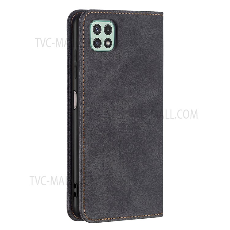 BINFEN COLOR Quality PU Leather Phone Case Stand Scratch Resistant RFID Blocking Design Cover for Samsung Galaxy A22 5G (EU Version) - Black-10