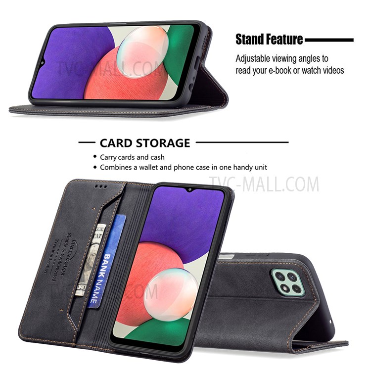 BINFEN COLOR Quality PU Leather Phone Case Stand Scratch Resistant RFID Blocking Design Cover for Samsung Galaxy A22 5G (EU Version) - Black-2