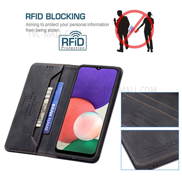 BINFEN COLOR Quality PU Leather Phone Case Stand Scratch Resistant RFID Blocking Design Cover for Samsung Galaxy A22 5G (EU Version) - Black-3