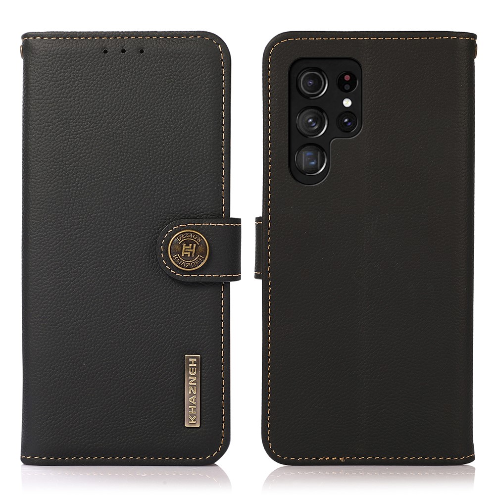KHAZNEH Impact-proof Textured Genuine Leather Phone Case with Anti-theft Swiping Design for Samsung Galaxy S22 Ultra - Black-1