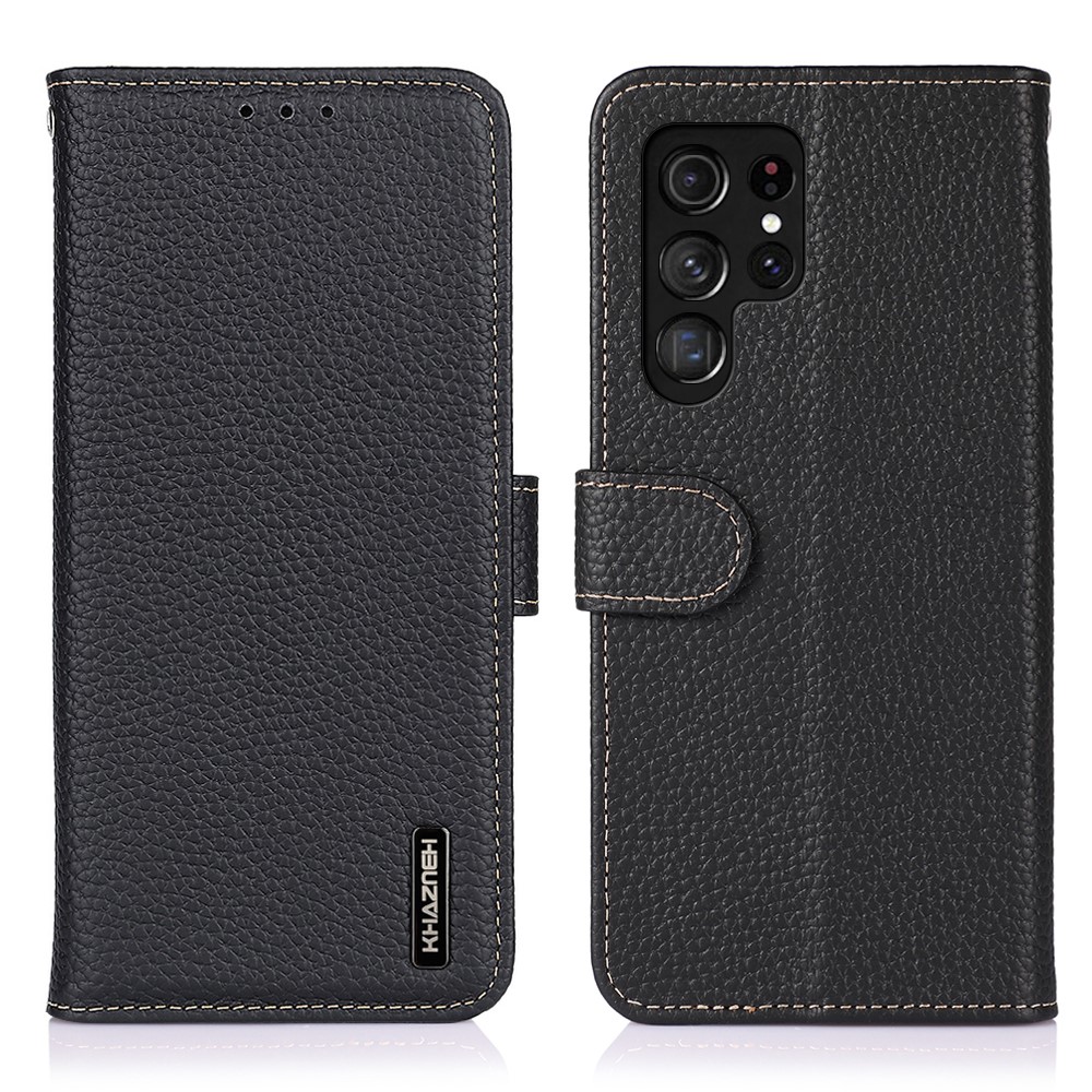 KHAZNEH All Inclusive Litchi Texture Top Layer Genuine Leather Wallet Phone Case Magnetic Closure Cover for Samsung Galaxy S22 Ultra - Black-1