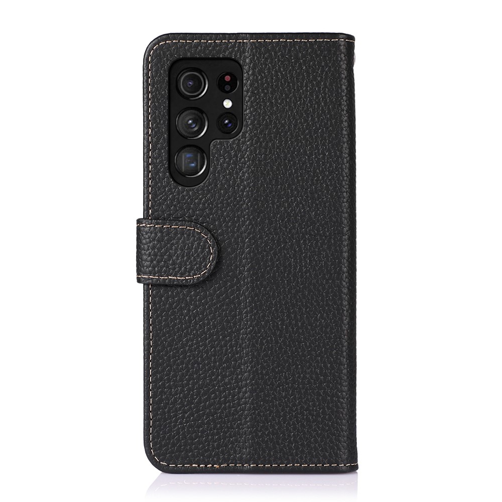 KHAZNEH All Inclusive Litchi Texture Top Layer Genuine Leather Wallet Phone Case Magnetic Closure Cover for Samsung Galaxy S22 Ultra - Black-3