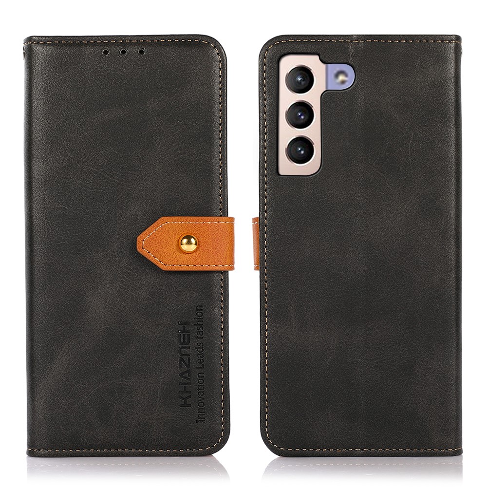KHAZNEH Golden Magnetic Clasp Fully Wrapped PU Leather Stand Cover Wallet Phone Shell for Samsung Galaxy S22 Plus - Black-1
