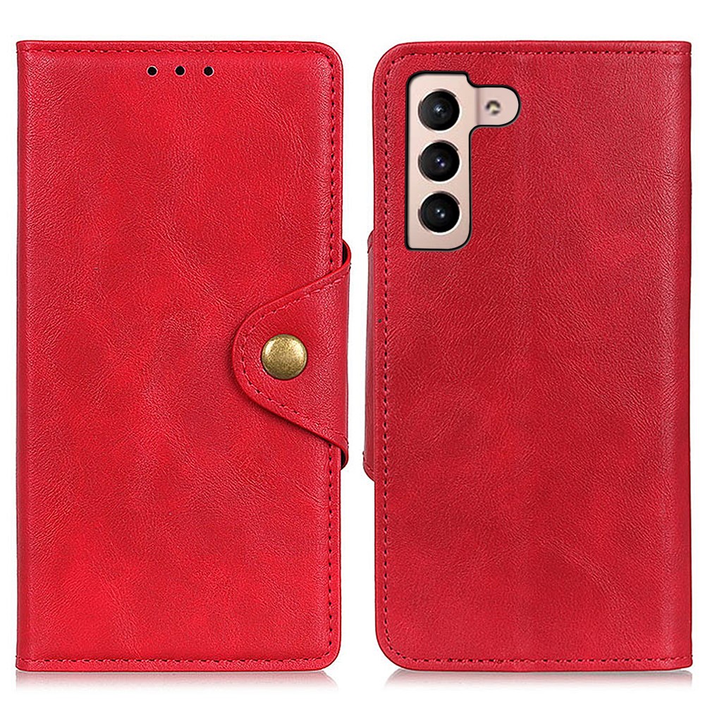 Magnetic Clasp Brass Buckle PU Leather Wallet Stand Phone Case Protector for Samsung Galaxy S22 - Red-1