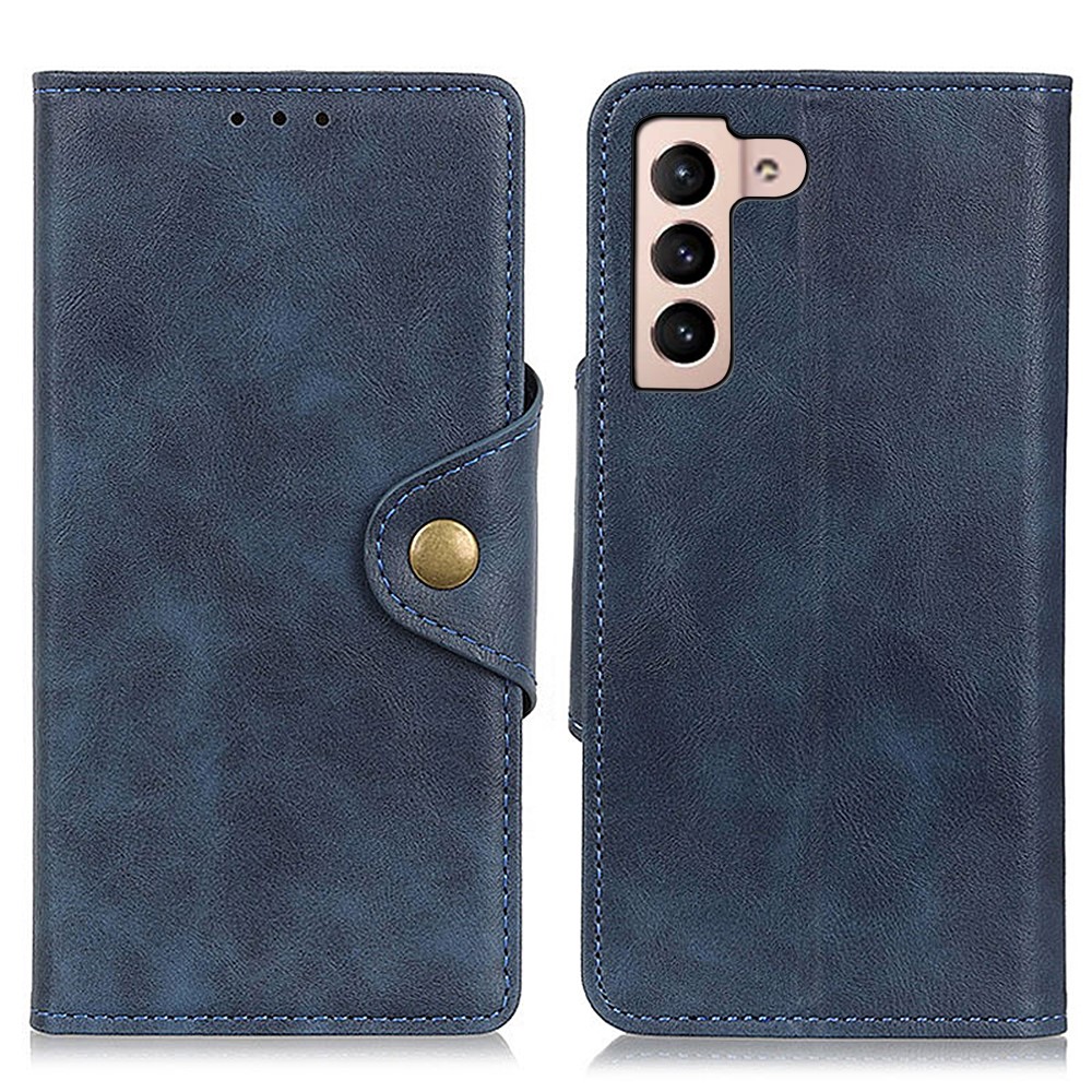 Magnetic Clasp Brass Buckle PU Leather Wallet Stand Phone Case Protector for Samsung Galaxy S22 - Blue-1
