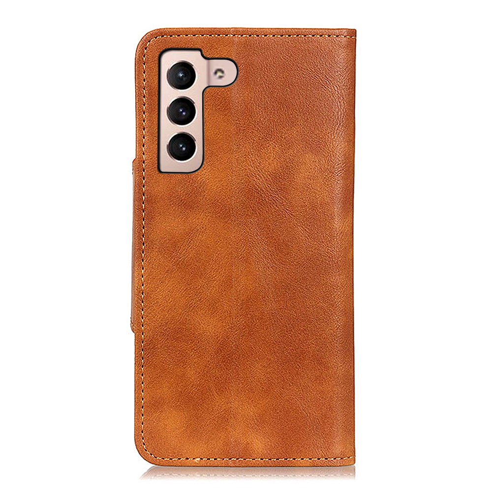 Magnetic Clasp Brass Buckle PU Leather Wallet Stand Phone Case Protector for Samsung Galaxy S22 - Brown-3