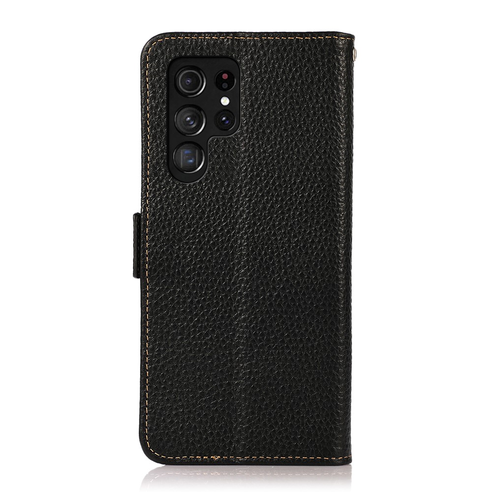 KHAZNEH Full Protection Anti-theft Swiping Design Litchi Texture Genuine Leather Phone Case for Samsung Galaxy S22 Ultra - Black-3