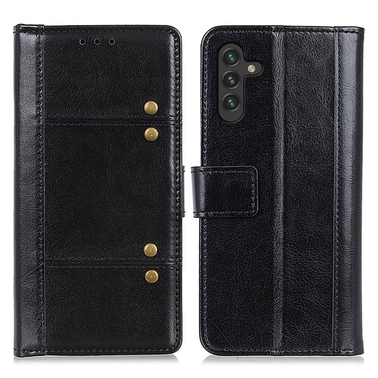 Crazy Horse Texture Flip Folio PU Leather Wallet Stand Magnetic Closure Rivet Decorated Cover for Samsung Galaxy A13 5G - Black-1