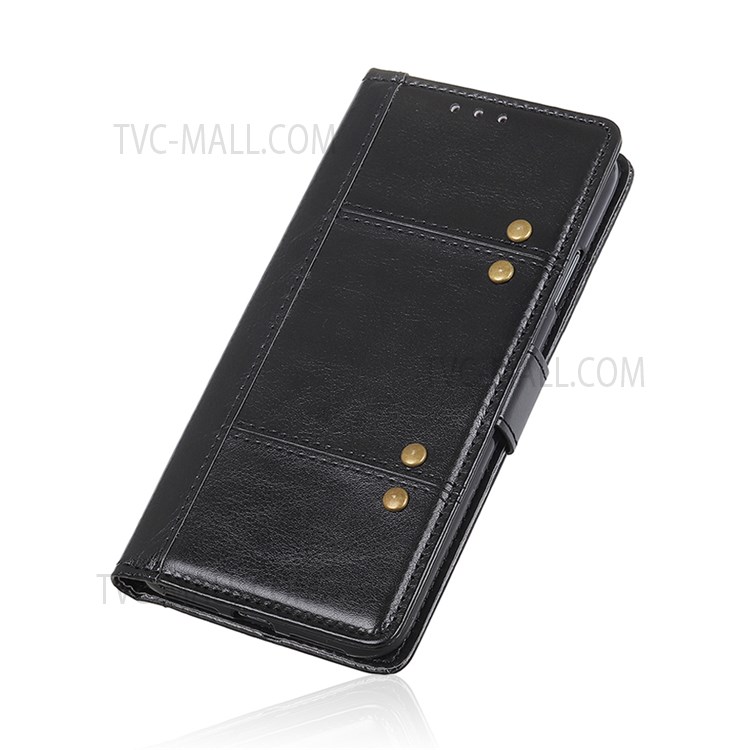 Crazy Horse Texture Flip Folio PU Leather Wallet Stand Magnetic Closure Rivet Decorated Cover for Samsung Galaxy A13 5G - Black-8