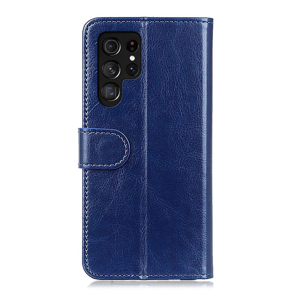 Crazy Horse Texture Folio Flip Wallet Case PU Leather Magnetic Closure Full Body Protection Stand Phone Cover for Samsung Galaxy S22 Ultra - Blue-3