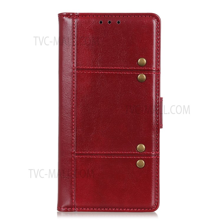 Rivet Decor Crazy Horse Texture Stand Flip Soft PU Leather Wallet Magnetic Durable Shockproof Cover for Samsung Galaxy S22 Ultra - Red-2