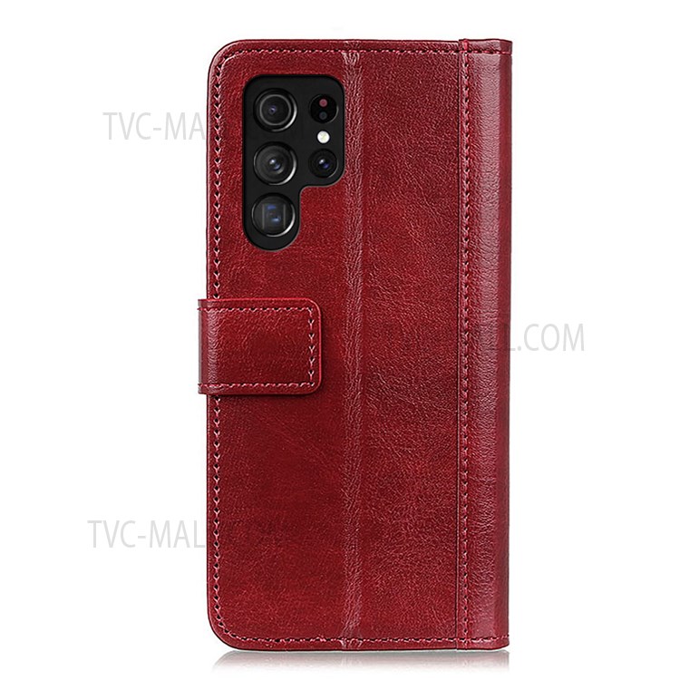 Rivet Decor Crazy Horse Texture Stand Flip Soft PU Leather Wallet Magnetic Durable Shockproof Cover for Samsung Galaxy S22 Ultra - Red-3