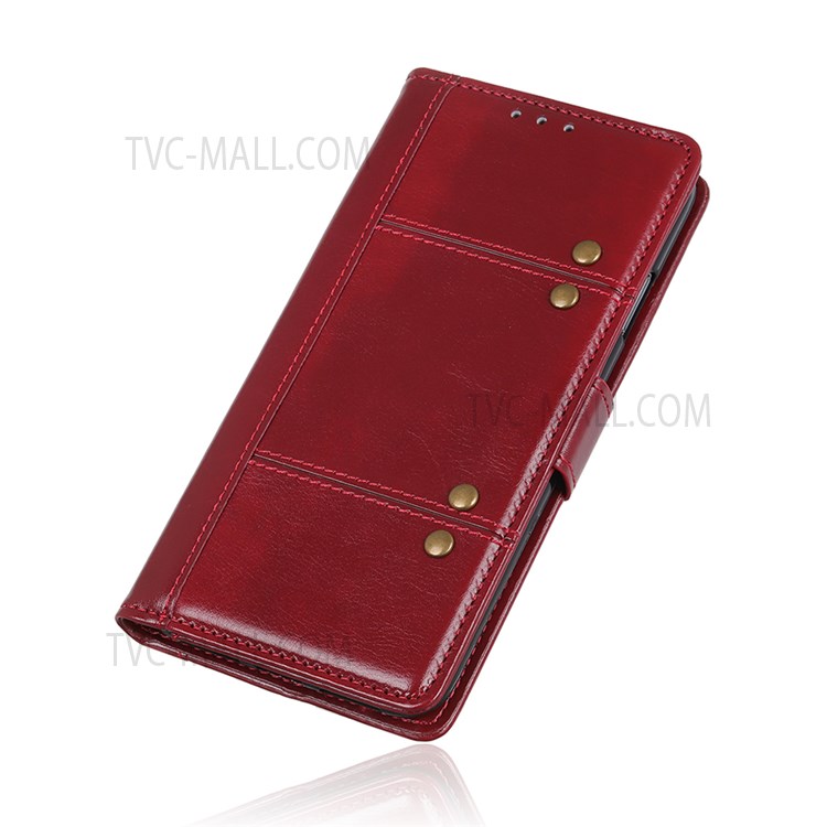 Rivet Decor Crazy Horse Texture Stand Flip Soft PU Leather Wallet Magnetic Durable Shockproof Cover for Samsung Galaxy S22 Ultra - Red-8
